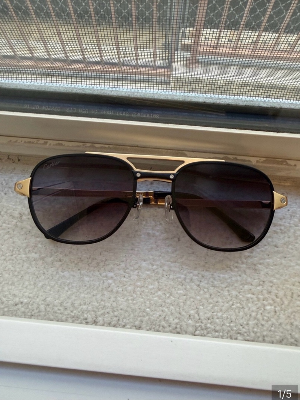 Cartier Men's Black and Gold Pilot Sunglasses with Brown Gradient Lenses